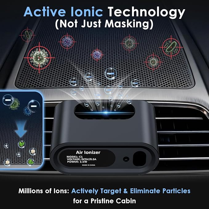 Odor Elimination Unscented Car Air Purifier: 100% Filter-Free Advanced Ionizer for Smoke ＆ Pet Odors - Silent & Compact - Universal Vent Clip Car Deodorizer by Yakry