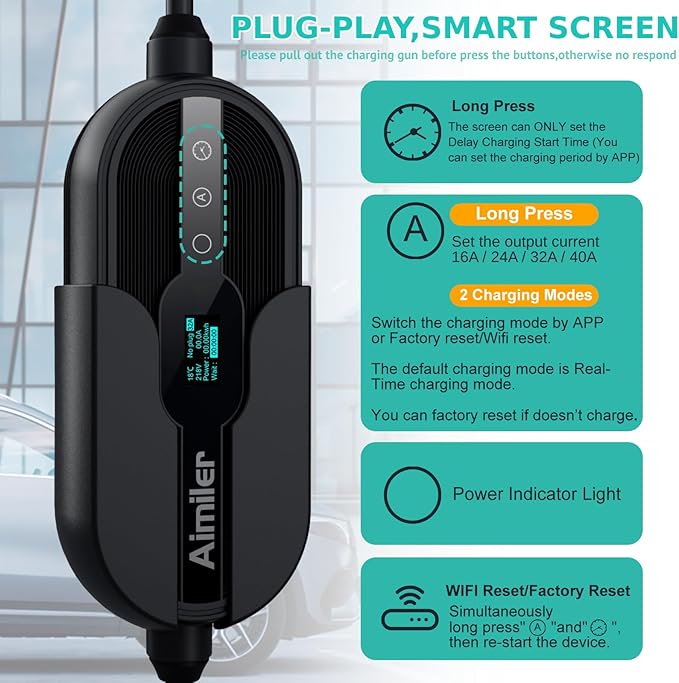 AIMILER Level 2 Electric Vehicle (EV) Charger(WIFI APP/Plug-play), 40A, 25ft Cable ETL Certified, 220V-240V NEMA 14-50P Plug EVSE w/ J1772 Connector, Portable EV Car Charging Stations for Home Level 2