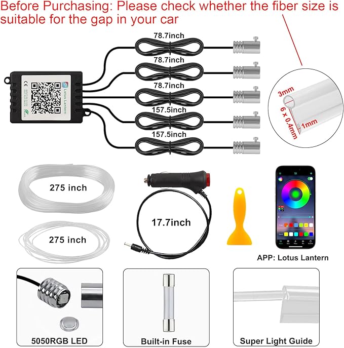 Interior Car LED Strip Lights APP Control, 5 in 1 RGB 16 Million Colors Ambient Lighting Kit with 275 inches Fiber Optic, Music Mode Inside Car Lighting Decoration