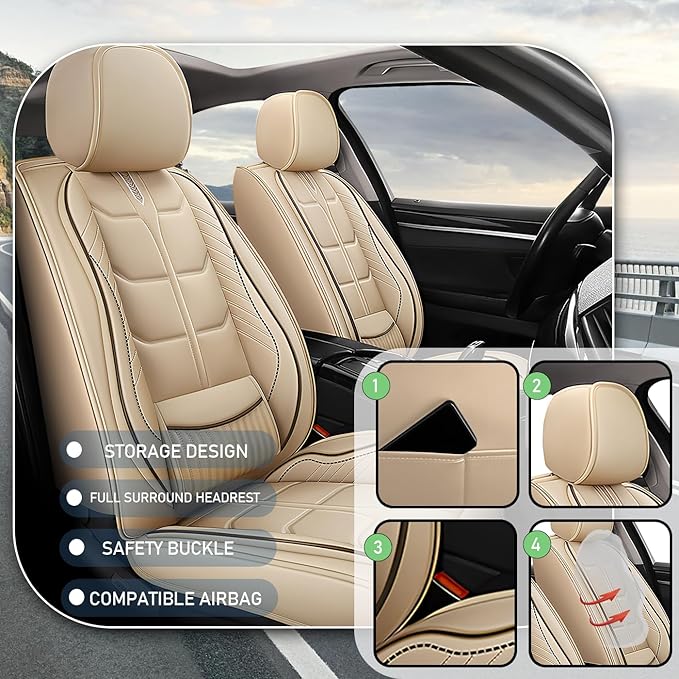 Leather Car Seat Covers Fit for Toyota Sequoia 2001-2024, 5 Seater Car Seat Cover, Premium Waterproof, Scratch Resistant Car Interior Accessories (Full Set Beige)