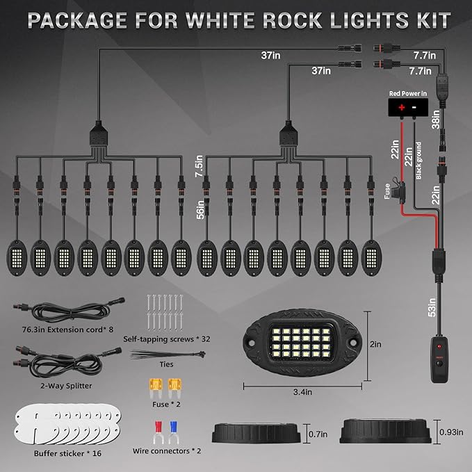 16 Pods Alloy Pure White LED Rock Lights for Semi Trucks Trailer Pickup Offroad, Plug and Play with Pre Wired Harness&Switch, 384-LEDs 6500K Aluminum Metal Underglow Kit 12V Waterproof Shockproof