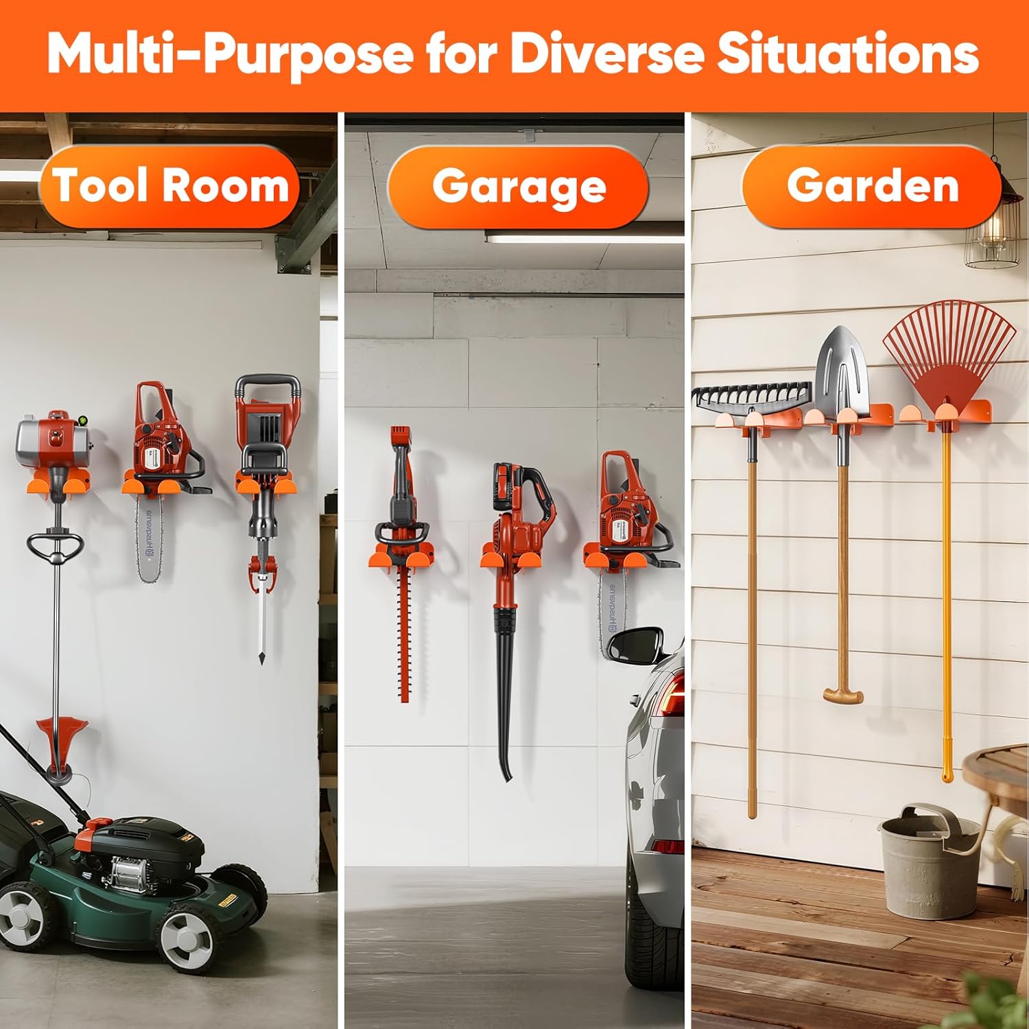 Weedeater Hanger, 2 Pack Garage Organize Grass String Trimmer Rack, Heavy Duty Metal Weed Eater Holder Wall Mount Save Space, Garden Tool Storage Rack Loads 25lbs, Weed Wacker Hooks for Garage