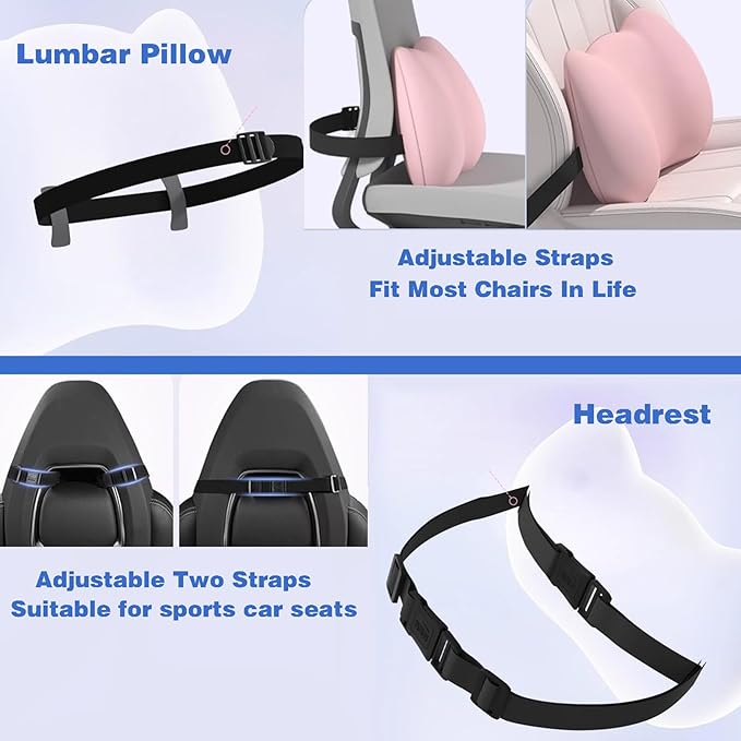 Lumbar Support Pillow for Car/Office Chair, Memory Foam Back Cushion for Car Seat, Lower Back Pillow Fits Most Cars, Trucks, with Adjustable Strap and Washable Cover, Back Pain Relief,Purple