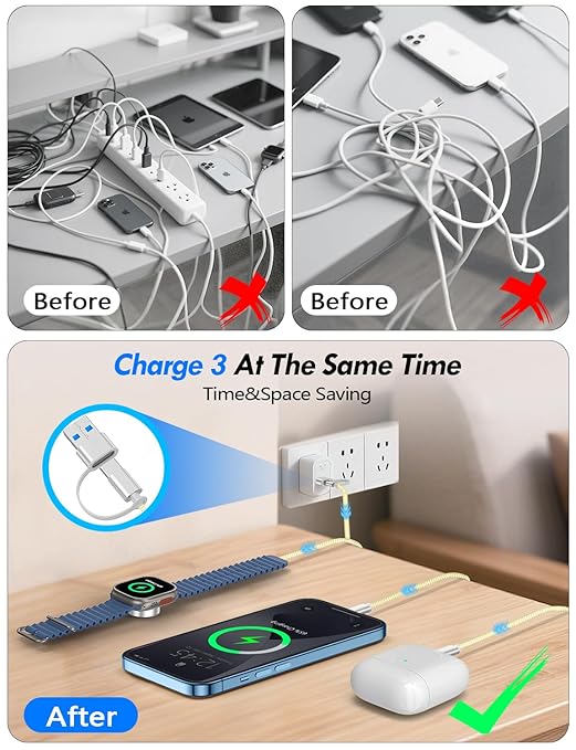 2Pack Multi Charging Cable Cord for Travel Essentials,Apple Watch Charger,iPhone Charger,[3-in-2] Type C/L Cable Portable Designed for iWatch,iPhone 17-8,Galaxy S25-21,AirPods,iPad-4FT Yellow