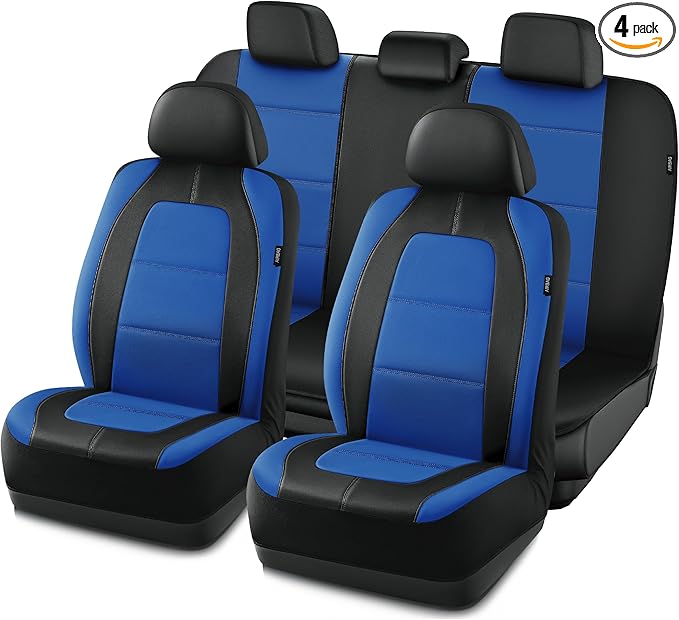 Road Comforts Car Seat Cover, Leather Car Seat Cover Full Set, Automotive Front Rear Seat Covers, Airbag Compatible Universal Fit for Most Cars (Blue)