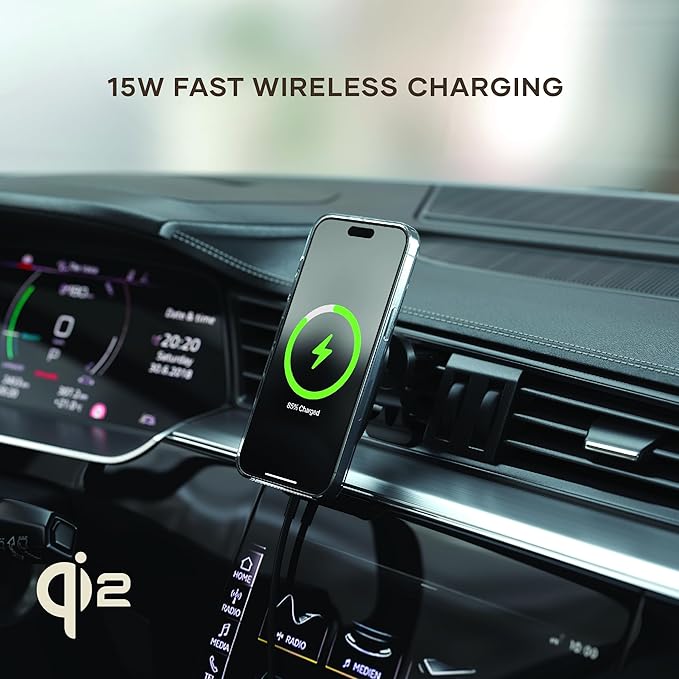 Satechi Qi2 Wireless Car Charger, Travel Friendly Car Phone Mount Charger for Air Vents, 15W Fast Chargers, for iPhone 17 to 12 Series