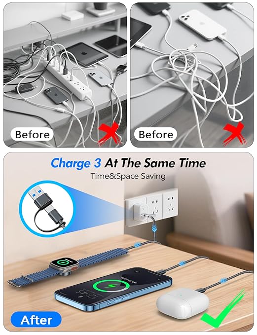 2Pack Multi Charging Cable Cord for Travel Essentials,Apple Watch Charger,iPhone Charger,[3-in-2] Type C/Lightning Cable Portable Designed for iWatch,iPhone 17-8,Galaxy S25-21,AirPods,iPad-1.5M Black
