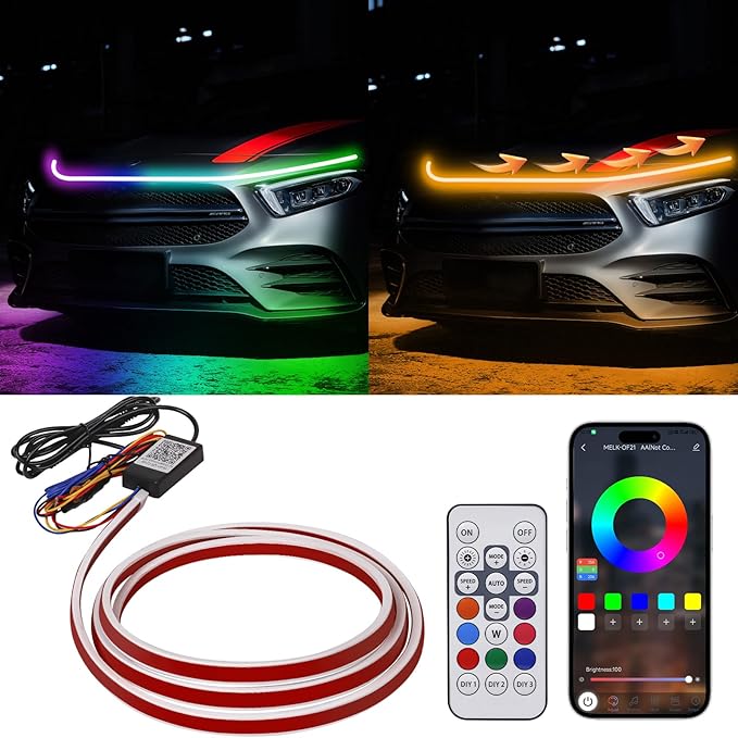 71 Inches RGB Multicolor Dynamic Scanning Starter Hood Lights, Car LED Hood Light Strip, Exterior Flexible Headlight Waterproof Daytime Running Lamps Strips (1 Set)