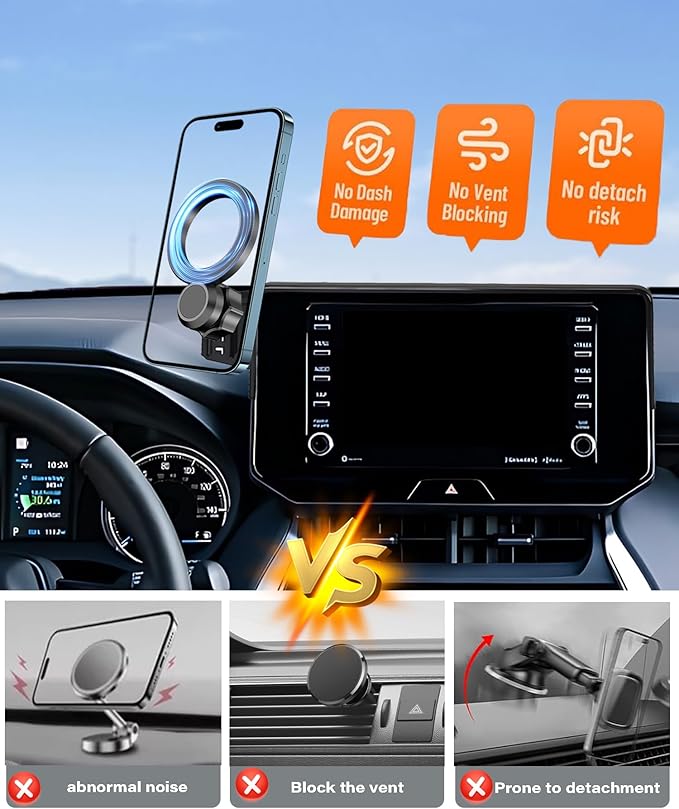 Magnetic Car Phone Mount for 2021 2022 2023 2024 Toyota Venza Accessories, for MagSafe Strong Magnets Cell Phone Holder 8-Inch Screen Cradles, with Portable Phone Gripper 360° Rotation
