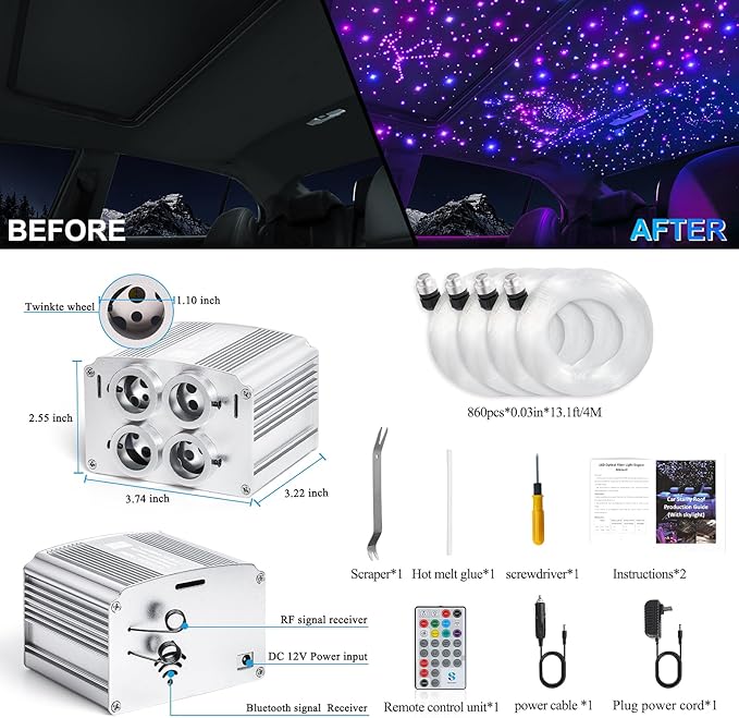 4 Colors 32W Twinkle Car Starlight Headliner Kit 860pcs*0.03in*13.1ft with APP&RF Remote, RGBW Fiber Optic Strands Star Roof Lights,4 Port Engine Sound Activated Ceiling Star Lights for Home/Car Decor
