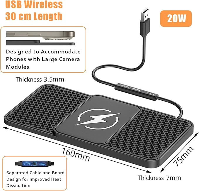 Wireless Car Phone Charger for Lexus NX200t/NX300/NX300h, Type C/USB 20W Fast Charging Pad, Non-Slip Charging Station for Travel Home Office Desk, Lightweight, USB