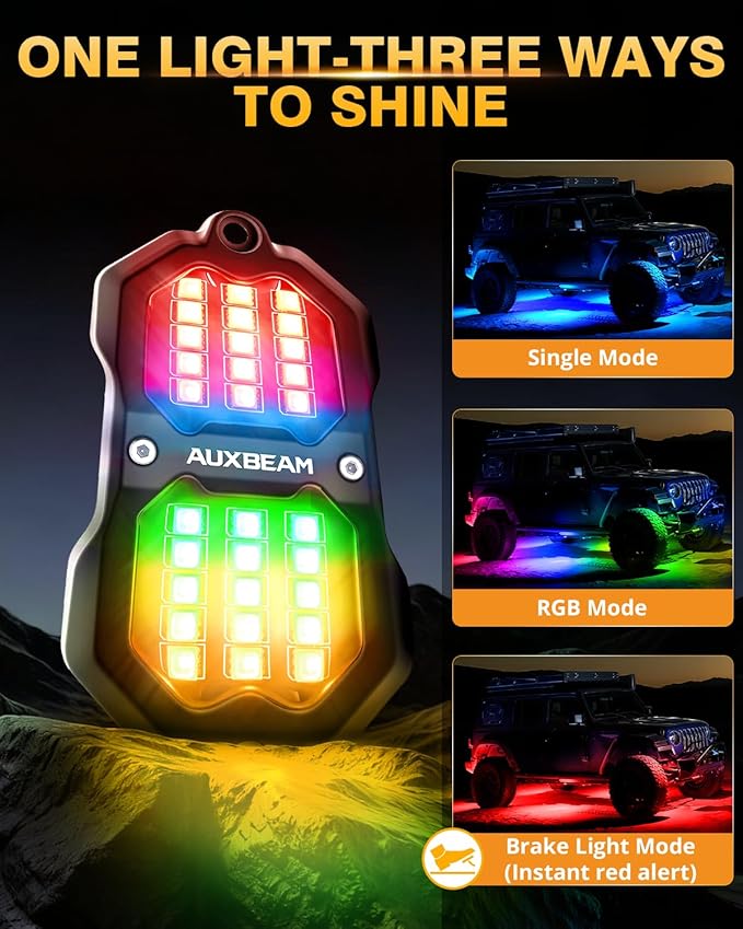 Auxbeam 8 Pods RGB LED Rock Lights with Brake Mode Wheel Well Lights w/Bluetooth APP+Remote Control Music Voice Sync Waterproof Dynamic Color Changing Underglow Kit for Trucks ATV Car 1 Year Warranty