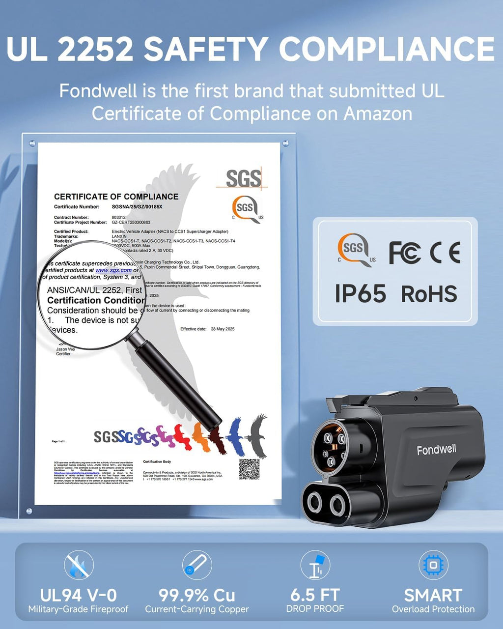 Fondwell NACS to CCS Charger Adapter: UL 2252 Safety Compliance Verified by SGS - Compatible with Tesla V3/V4 Supercharger - 250kW 1000V 500A DC Fast Charger Adapter for CCS1 Electric Vehicles