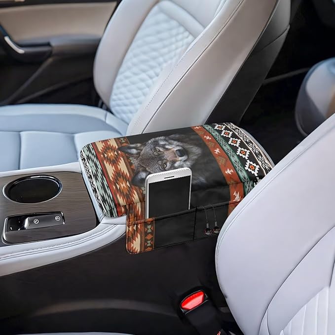 Wanyint Aztec Wolf Black Car Center Console Cover Scratch Resistant Armrest Seat Box Cover with Organizer Pockets Console Lid Protector Cushion Fit for Most Cars Vehicles SUVs