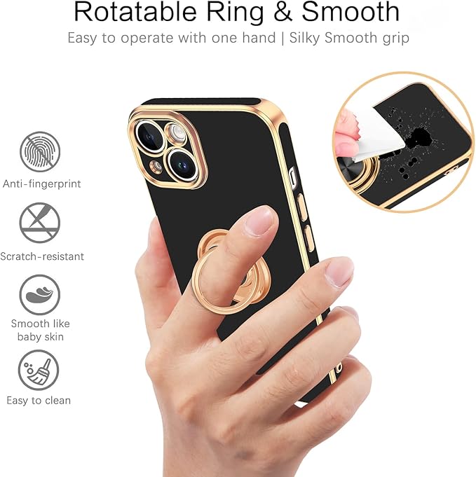 VENINGO iPhone 14 Case,Phone Case for iPhone 14,Slim Fit Soft 360° Ring Holder Kickstand Magnetic Car Mount Supported Easy Clean Shockproof Protective Cover for iPhone 14 6.1" 2022, Black/Golden