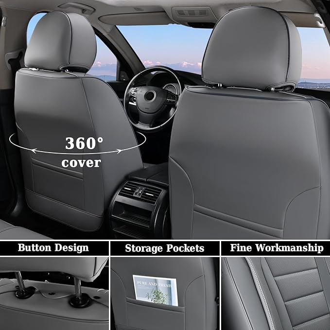 Coverado Front Seat Covers, Car Seat Cover, Gray Seat Covers for Cars, Car Seat Protector, 2PCS Waterproof Faux Leather Car Seat Cushion, Luxury Seat Cushions, Auto Seat Covers Fit for Most Vehicles