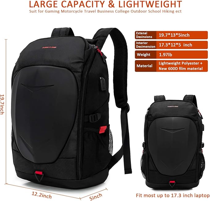 KINGSLONG 17 Inch Laptop Backpack with Hardshell, Armored Backpack with USB Port and Lightweight Rain Cover for Motorcycle Outdoor Racing Waterproof Rucksack Black