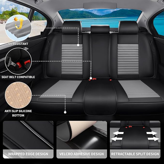 Car Seat Covers Full Set Fit for Toyota RAV4 2001-2026, Premium Faux Leather Car Seat Protector,Breathable Anti-Slip Full Wrapping Edge Seat Covers(Black&Gray,Full Set)