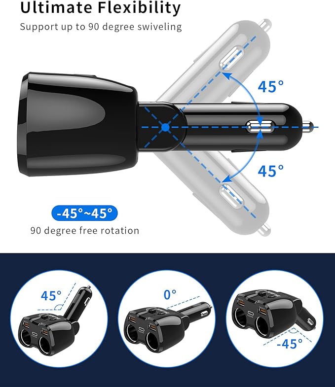 [2026 Upgraded] Cigarette Lighter Splitter, SUPERONE 180W 2-Socket Cigarette Lighter Adapter with Dual QC3.0 and 20W PD USB C Car Charger Splitter for GPS/Dash Cam/Laptop/iPad/iPhone 17/16/15/14/13/12