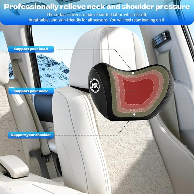 Car Neck Pillow & Headrest Support for Driving - Memory Foam Neck Support Pillow with Adjustable Strap & Removable Cover, Office Chair, Travel Essentials - 2 Pack (Grey)