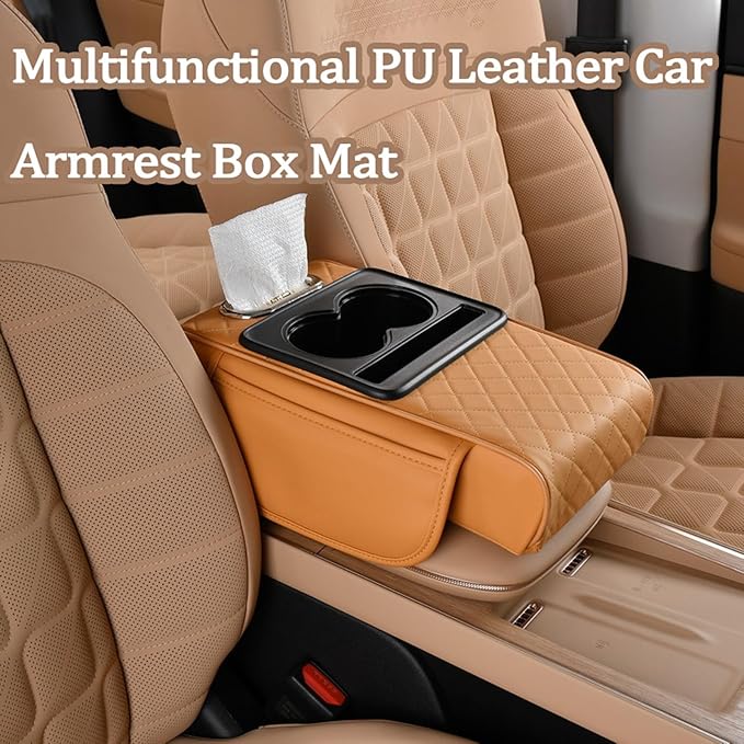 Multifunctional Pu Leather Car Armrest Box Mat, 5-In-1Multifunctional Car Armrest Cushion, Car Arm Rest Cover Pad, Center Console Organizer with Cup Holder, Tissue Box & Phone Slot (Black and Red)