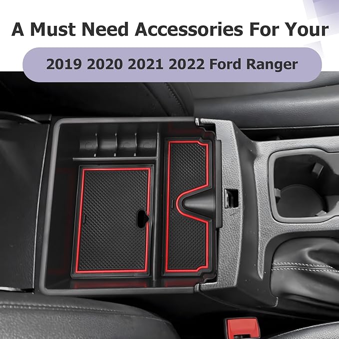 LUWU Ranger Center Console Organizer for 2019 2020 2021 2022 2023 Ford Ranger XL/XLT/Lariat/Raptor Accessories Armrest Console Storage Box Glove Organizer Tray ABS Material Red