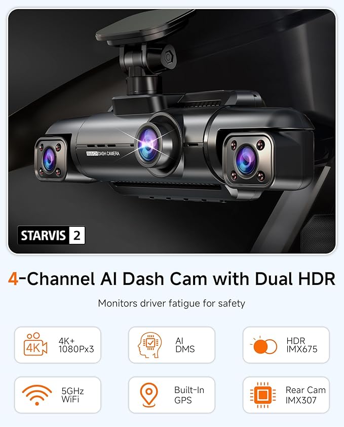 4K STARVIS 2 Dash Cam Front and Rear, 360° 4 Channel Dash Camera for Cars, Car Video Recorder with AI Driver Monitor System, Free 128GB Card, 5GHz WiFi GPS, WDR Night Vision HDR,24H Parking Mode(N900)