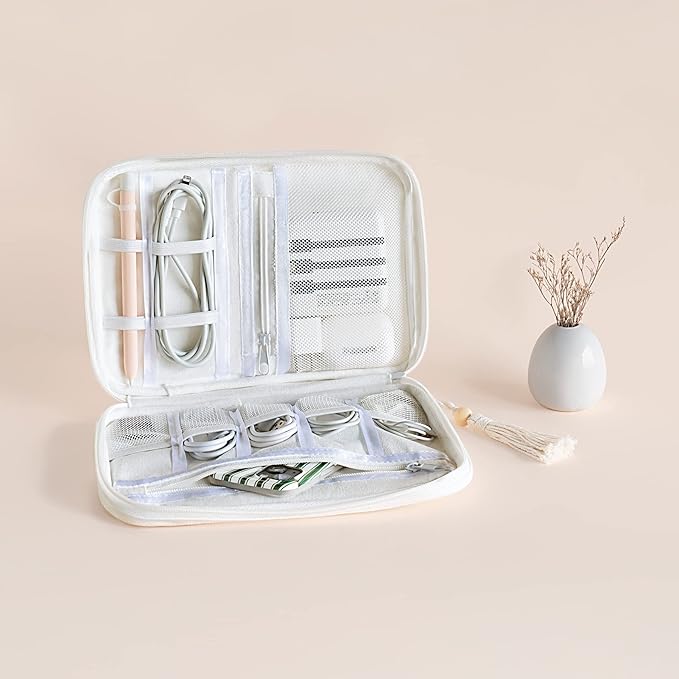 Mkono Electronics Organizer Travel Cable Cord Organizer Cotton Bag, Portable All-in-One Accessories Travel Essentials Storage Case with Tassel for Cable Charger Phone USB Pouch for Women, White