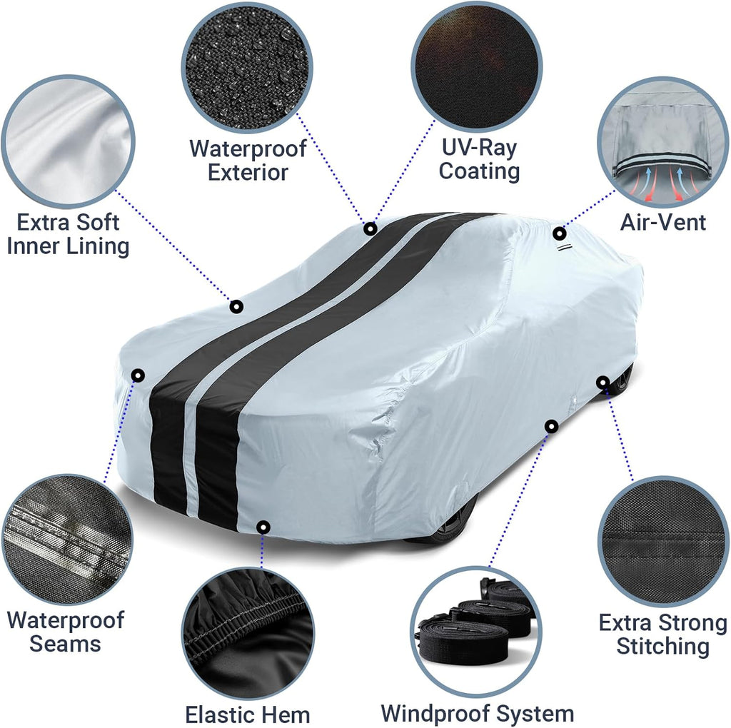 iCarCover Custom Car Cover for Pontiac Lemans 2-Door, 4-Door (1970-1972) Waterproof All-Weather Rain Snow UV Sun Protector Full Exterior Indoor Outdoor Car Cover (Stripe - Gray/Black)