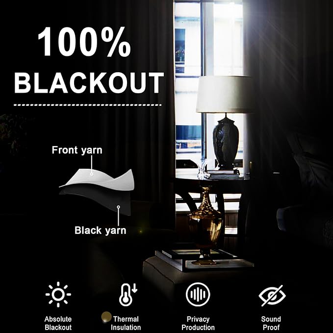 XWZO Complete Blackout Shades Window Curtain Panels with Tiebacks- Noise Reduction and Light Blocking Grommet Curtains with Black Liner for Studio, Living Room, Brown, W52 x L95, Set of 2 Panels