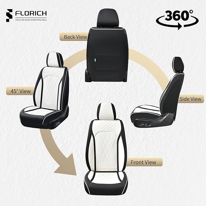 FLORICH Leather Car Seat Cover Full Set Automotive Seat Covers 5 Seats Front and Back Seat Cover Full Coverage Car Seat Protector Universal Fit for Most Car Truck SUV, Black&White