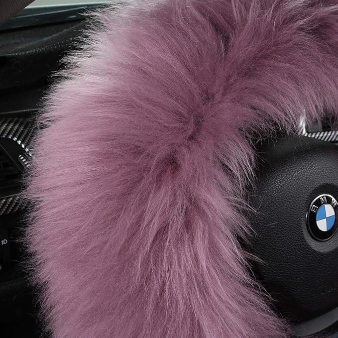 3Pcs Set Fashion Fluffy Fuzzy Wool Fur Soft Car Steering Wheel Cover with Handbrake Cover & Gear Shift Cover for Women/Girls/Ladies Auto Long Wool Accessories, Dark Red