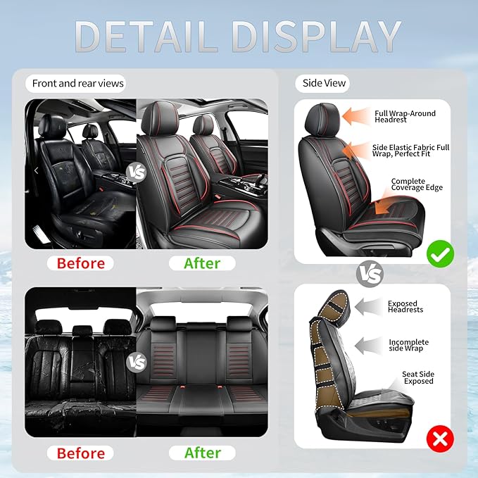 Fit HRV Premium Leather Car Seat Covers Compatible with Honda HRV 2016-2026, Breathable, Wear Resistant, Airbag Compatible, All-Weather Protection & Full Coverage, 2 Front Seat Red Line Black