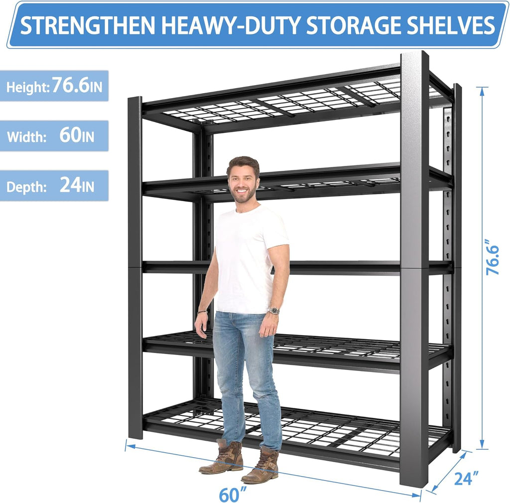 5-Tier Heavy Duty Garage Shelving Unit with Wire Shelves,3000 LBS Capacity Metal Storage Rack 76"H x 60"W x 24"D,Adjustable Boltless Steel Shelves for Garage,Basement,Pantry,Warehouse.1 Pack