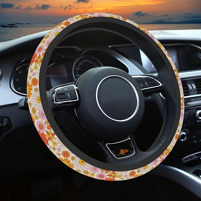 Colorful Daisy Steering Wheel Cover, Orange Floral Print Steering Wheel Cover Protector for Women, Ultra-Thin with Personalized Pattern Design, for Steering Wheel with a Diameter of 14.5"-15"