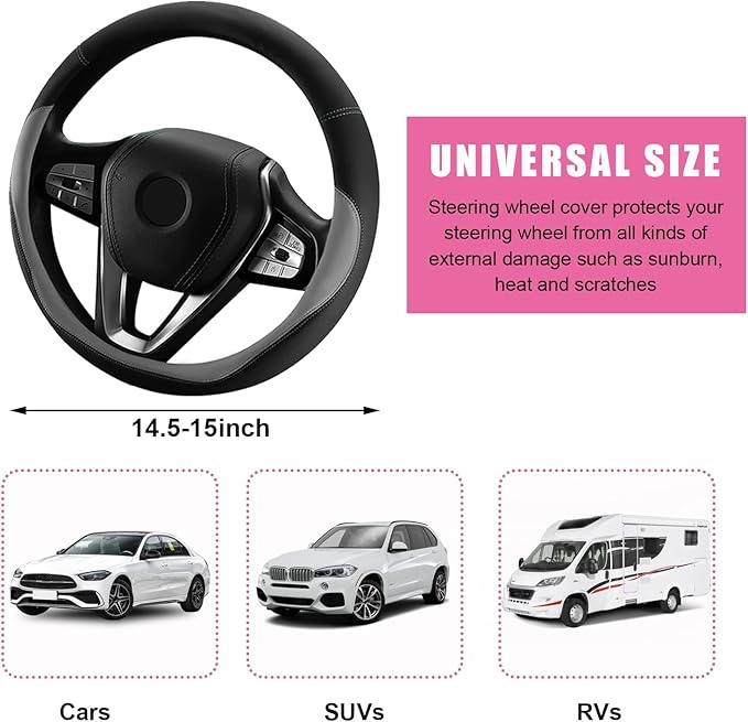 Car Steering Wheel Cover, Universal 15" Anti-Slip Auto Steering Wheel Protector for Men Women, Breathable Odor Free Leather Steering Wheel Car Accessories Fit Most Vehicles (Gray)