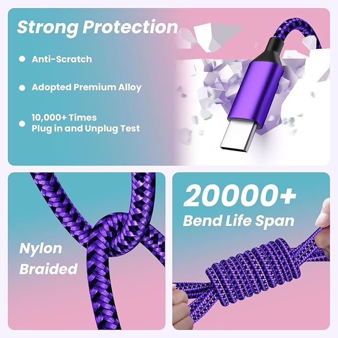 Multi Charging Cable [2Pack 4FT], 3 in 1 Charging Cable USB-A Multi Charger Cable, Braided Multiple Charger Cord with Type-C, Micro USB and IP Port for iPhone 16/15 Series/Cell Phones and More-Purple