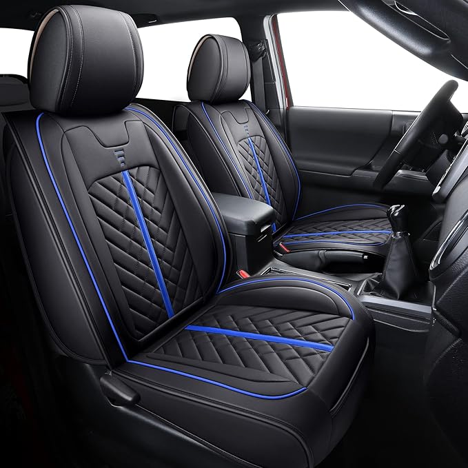 Tomatoman Tacoma Car Seat Covers Compatible with Toyota Tacoma 2005-2023 2024 2025 2026 Truck Access Double Crew Cab TRD Pro Trail Edition Off-Road Waterproof Leather Cushions(2PCS Front/Black-Blue)