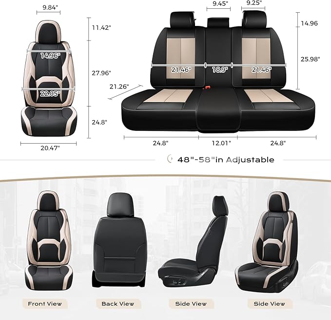 Coverado Car Seat Covers, Leather Seat Covers Full Set, Waterproof Car Seat Protector with Lumbar Support, Automotive Seat Covers Seat Cushions Universal Fit for Most Cars SUV Trucks, (Black&Beige)