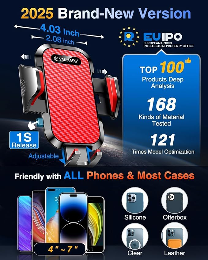 VANMASS Phone Holders for Your Car 2026 Ultimate Phone Mount Military-Grade Windshield Dashboard Vent【Newest Best Strongest】 Cell Phone Car Mount for iPhone 16 Pro Max 15 Samsung Android,Red