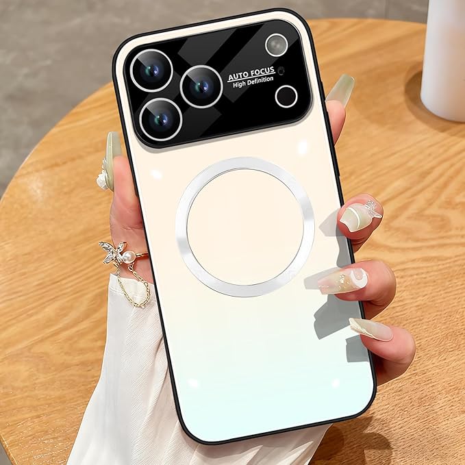 Guppy Compatible with iPhone 17 Pro Max Magnetic Case, with Full Camera Lens Protector [Compatible with MagSafe] Scratch Resistant Gradient Glass Back Cover Phone Case-White