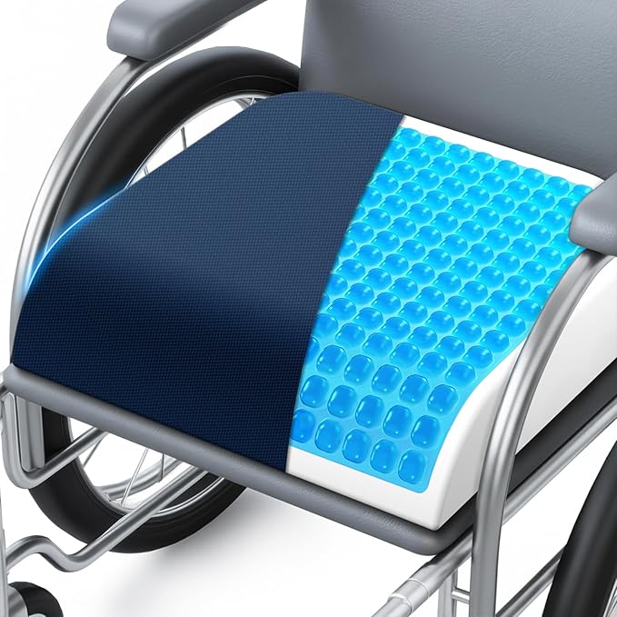 Wheelchair Seat Cushion - Cooling Gel & Memory Foam Office Chair Cushion with Non-Slip Bottom & Washable Cover, Ergonomic Car Seat Pillow for Sciatica, Tailbone, Back Comfort (Navy Blue)