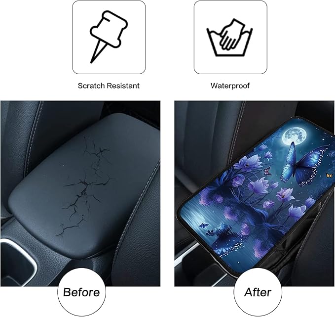 Car Armrest Cover Pads Universal Fashion Cute Auto Center Console Armrest Cover Pad with 2PCS Car Coasters Soft Waterproof Car Armrest Seat Protector for Women Girls, Blue Butterfly
