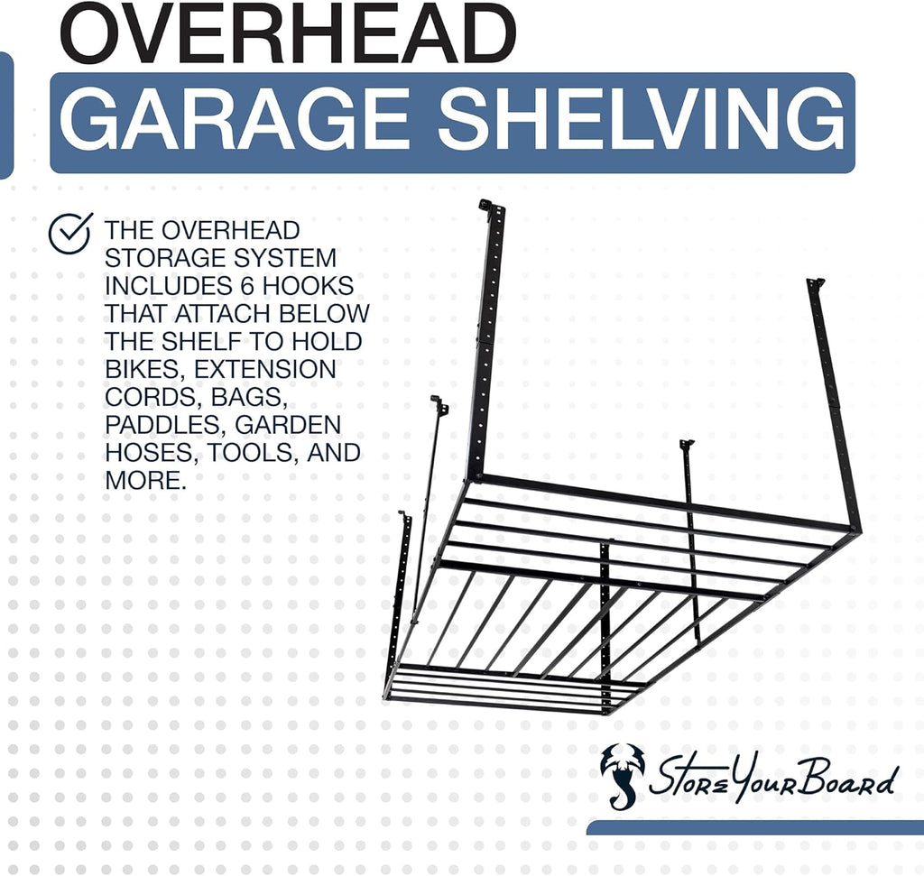 StoreYourBoard 4X8 Garage Storage Rack with Hooks, Ceiling Shelf Overhead Organization, Heavy Duty Steel Platform Holds 700 lbs, 96 in. x 48 in. x 40 in.