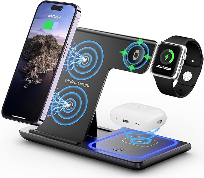 3 in 1 Wireless Charger Charging Station, Wireless Charger Stand for iPhone17 16 15 14 Pro Max 13 12 11,Charging Dock for AirPods 4 3 2 Pro, Apple Watch 11/10/9/Ultra/8/SE/7/6/5/4/3