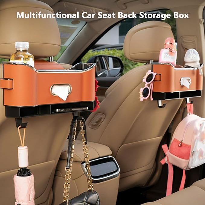 Multifunctional Car Seat Logo Storage Box, Universal Car Organizer with 2 Drink Cup Holder (Red)