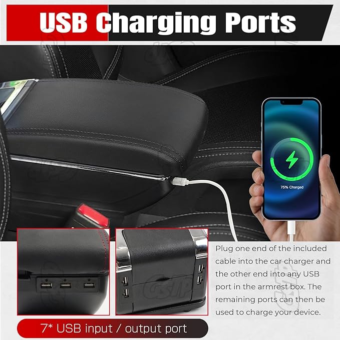 Center Console Armrest Compatible with Mini Cooper Coupe R50 R52 R53 R56 R57 R58 F55 F56 F57 Countryman with 7 USB Port Cup Holder Double Layer Organizer Storage Box (All Black)