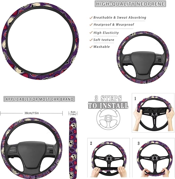 FKELYI Skull Rose Car Seat Full Set - Front and Back, Handbrake and Gear Shifter Knobs, Steering Wheel Cover, Cup Coasters