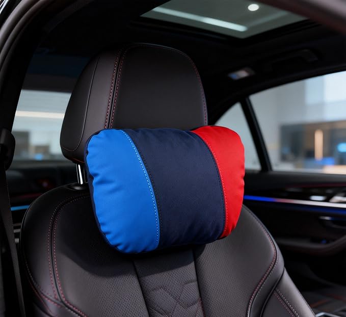 Car Headrest Pillow for BMW Interior Accessories, Neck Cushion MTri-Style 3-Color Stripe Design, Microfiber Suede Cover, High-Resilience Foam, Sporty Interior Decor for Driving Comfort, 1 pcs