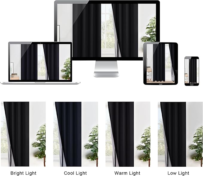 XWZO Complete Blackout Shades Window Curtain Panels with Tiebacks- Noise Reduction and Light Blocking Grommet Curtains with Black Liner for Studio, Basement Room, Black, W42 x L72, Set of 2